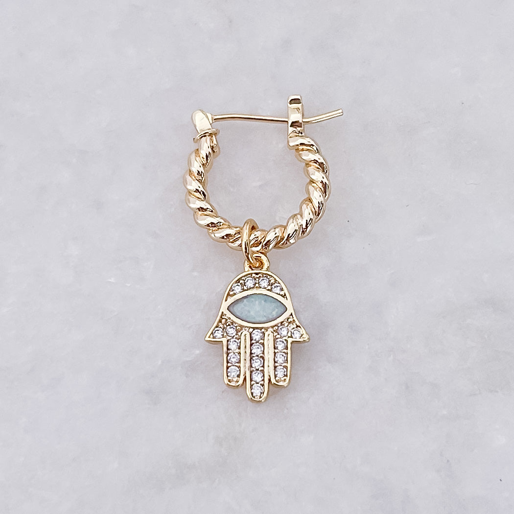 Opal Hamsa Twisted Hoop